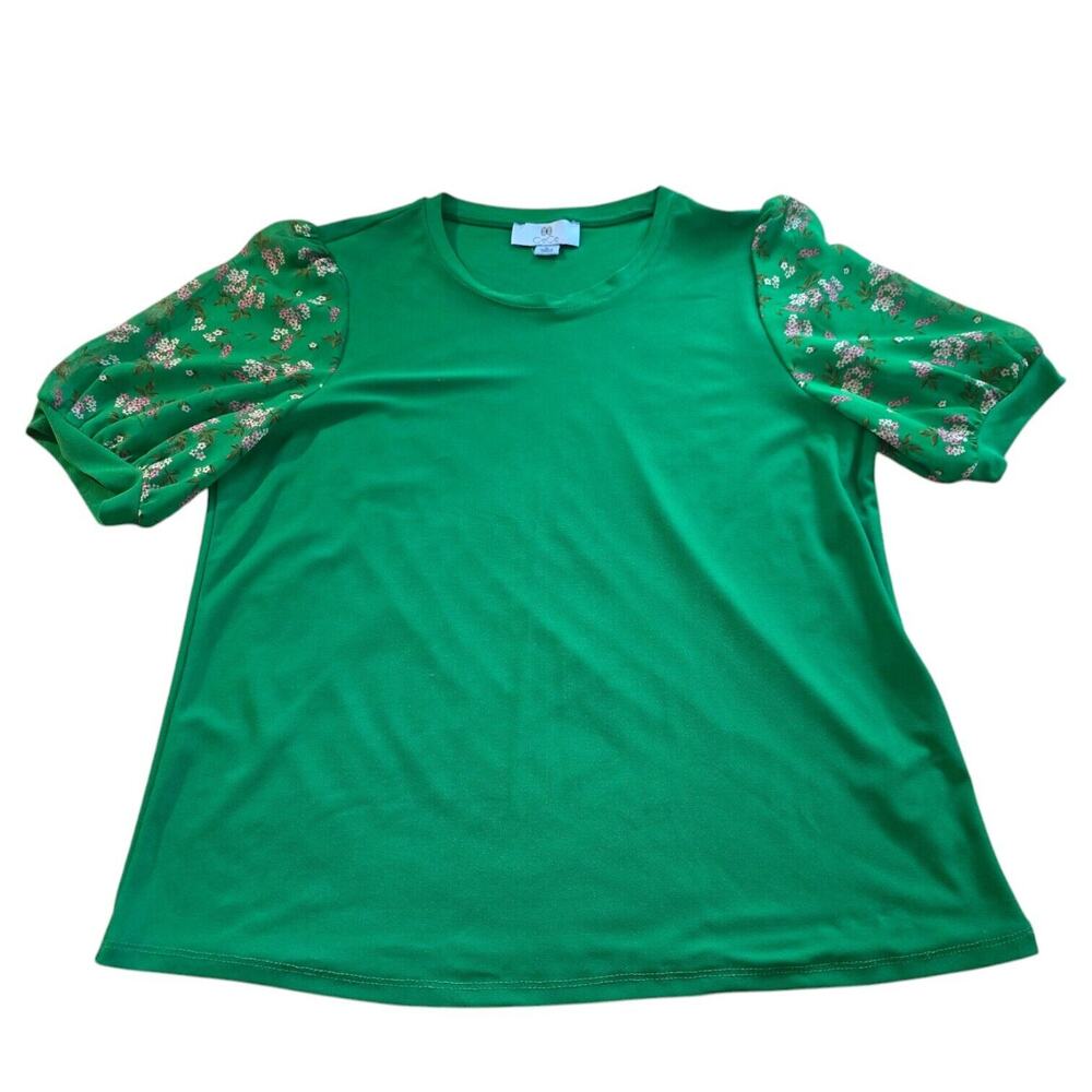 CeCe Scattered daisy short puff sleeve knit top Green Floral SZ XL